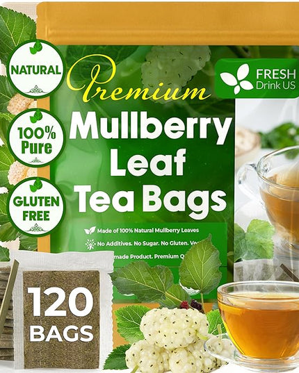 FreshDrinkUS, Premium 120 Mulberry Leaf Tea Bags, 100% Natural & Pure from Mulberry Leaves. Loose Leaf Herbal Tea. Made with Natural Material Tea Bags. No Sugar, No Caffeine, No Gluten, Vegan.
