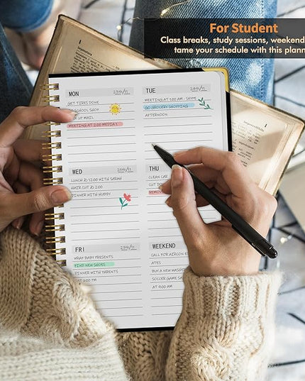Undated Weekly Planner with Metal Corner Hardcover Notebook , A5 Size Journal with To Do List Planner, Habit Tracker,Weekly Goals for ADHD,Student, Office, Women, Men ,Gifts,6 x 8 inches，Spiral Bindding ,Black