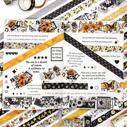 KOVANO Washi Tape Set 14 Rolls, Vintage Bee Floral Butterfly Botanical Washi Tape, Yellow Black Decorative Tapes for Scrapbooking Supplies, Junk Journal, Bullet Journaling, Art Crafts