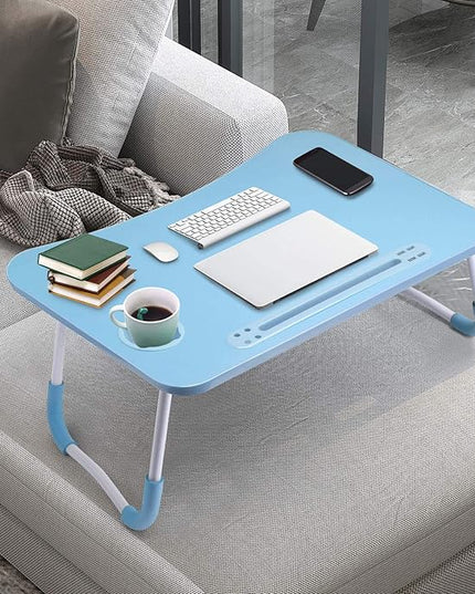 Slendor Lap Desk with Cup Holder, Foldable Laptop Table for Bed, Portable Bed Desk for Laptop and Writing, Computer Tray with Tablet Slot, Notebook Stand Reading Holder for Couch Sofa Floor,Blue
