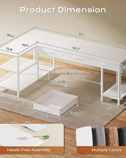 PRAISUN 63 Inch L Shaped Office Desk with Power Outlets and Type-C Port, Large Computer Gaming Desk with 3 Fabric Drawers, Mesh Shelves, Corner Study Work Writing Desk, White