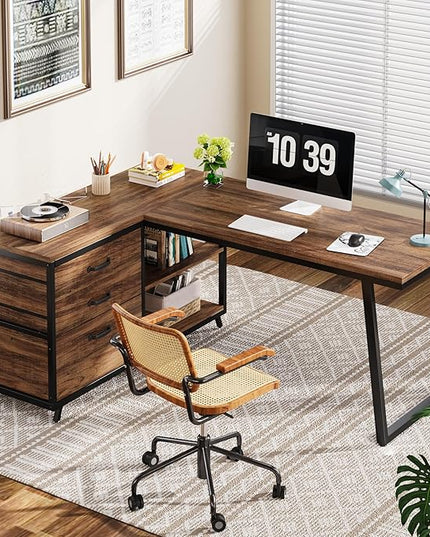 Tribesigns L-Shaped Computer Desk with 3 Drawers, Reversible Corner Home Office Desk with Shelves, 53-Inch Industrial PC Desk Study Writing Table Workstation for Small Space, Rustic Brown