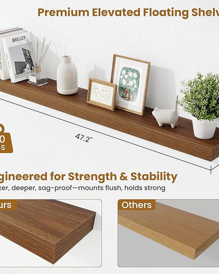 Fun Memories Floating Shelves 48 Inch, Extra Large Wood Shelf Set of 2, Hanging Wall Shelves for Bathroom, Living Room, Kitchen, Bedroom, Walnut