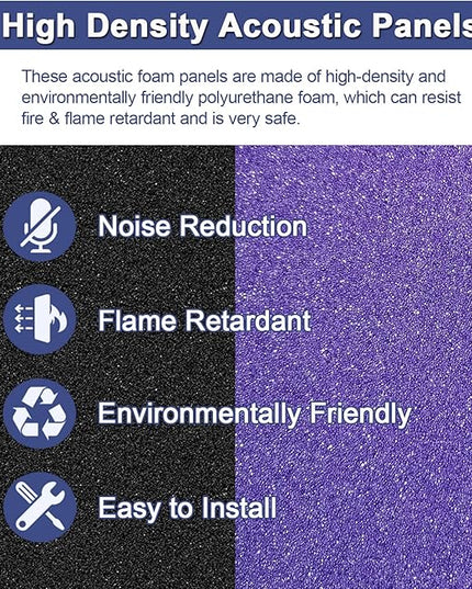 52 Pack Acoustic Foam Panels,1" x 12" x 12"Acoustic Wedge Studio Foam Sound Absorption Wall Panels (Black and purple)