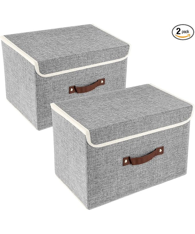 TYEERS Collapsible Storage Boxes, Washable Fabric Storage Bins with Lids, 14.9x9.8x9.8 inches, 2 Pack, Gray