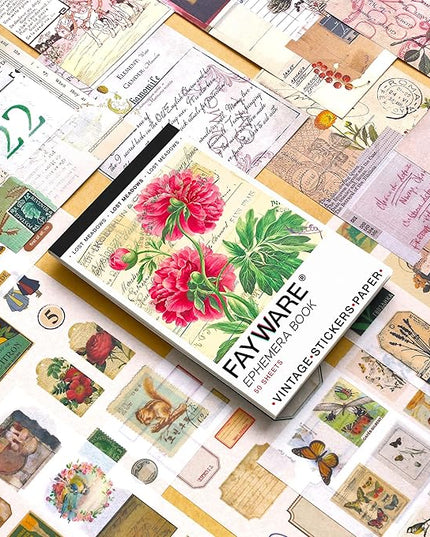 FAYWARE Vintage Washi Stickers for Journaling - Ephemera Book for Journaling with 414 Stickers & 20 Scrapbook Papers. Junk Journal Supplies, Scrapbooking Supplies