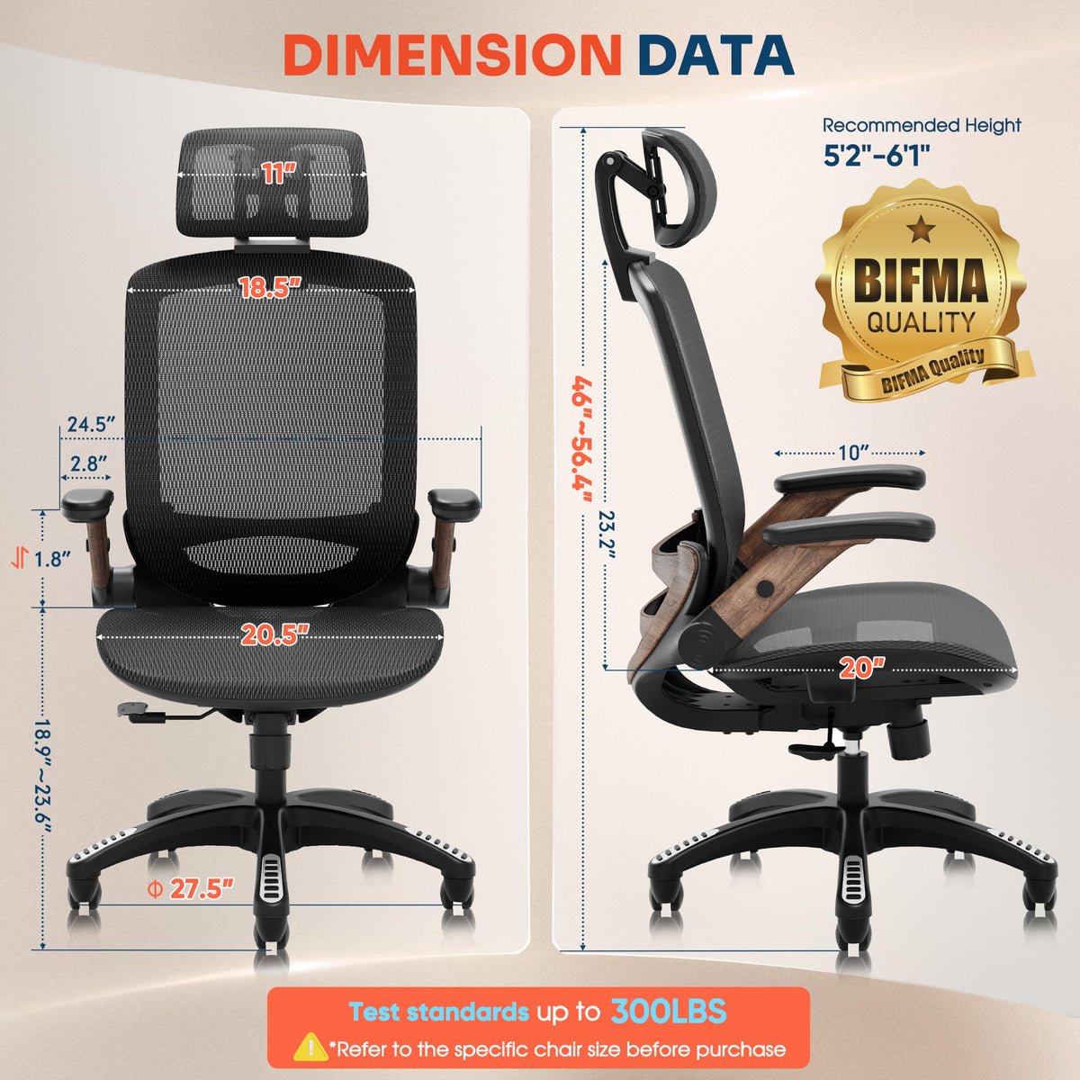 GABRYLLY Ergonomic Office Chair, High Back Home Desk Chair with 2D Flip-Up Arms, 3D Headrest, 90-120° Tilt and Wide Cushion, Big and Tall Mesh Chairs for Man Woman, Computer Task Chair Dark Wood Grain