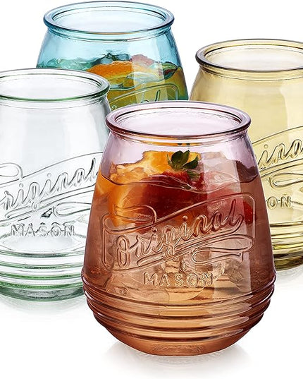 Wine Glasses Set Of 4 Assorted Colored Stemless Glasses 21 OZ. Original Mason Large Wine Cup, Red and White Wine Drinking Water Glasses. Juice, Cocktails, Smoothies, Vintage Bar
