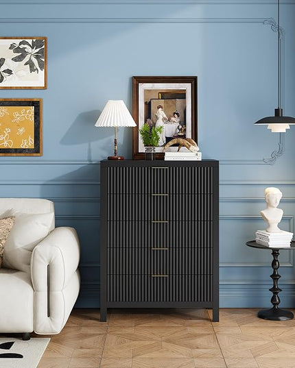 JZXSHD 5 Drawer Dresser, 43" Tall Dresser Organizer TV Drawer Cabinet Modern Wood Storage Cabinet, Modern Wood Storage Cabinet for Bedroom, Hallway, Entryway, Black Oak X 2