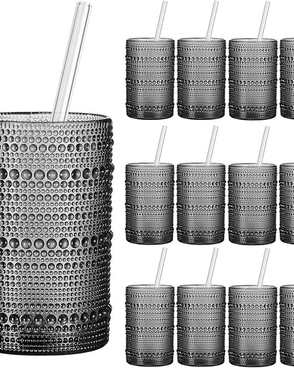 Vintage Hobnail Drinking Glasses Set of 12, 15oz Textured Tumblers - Embossed Grey Bar Glasses for Cocktails, Beer, Whiskey, Dishwasher-Safe Highball Cups for Kitchen, Juice & Mixed Drinks