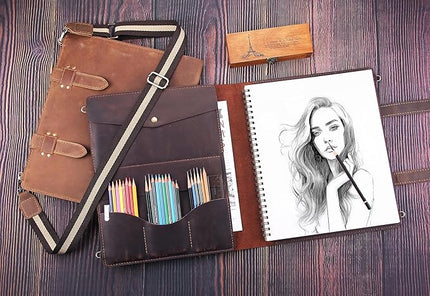 Robrasim Handmade Leather Sketchbook Cover, Artist Sketch Pad Holder for 11"X14" Sketchbook, Drawing Book and Pencil Case, Journal Notebook Portfolio with Shoulder Strap, Artist Gifts, Coffee