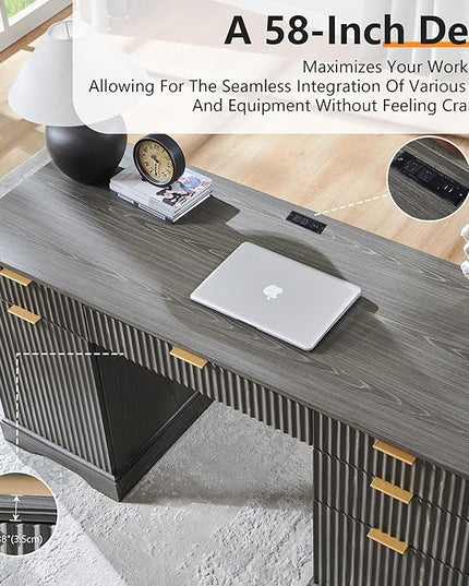 JXQTLINGMU 58" Modern Executive Desk with Storage, Wood Home Office Desk with Drawer & Cabinet, Fluted Computer Writing Desk for Study, Living Room, Bedroom, Grayish Green