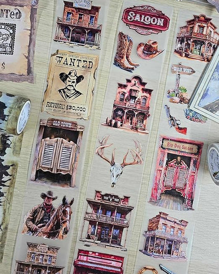 Wild West Transparent Vintage Washi Tape 5x5 cm x 100 cm – Decorative Scrapbooking Craft Adhesive Roll, Western Cowboy Art, Rustic Frontier Illustration for Journals, Planners, Cards & DIY Projects