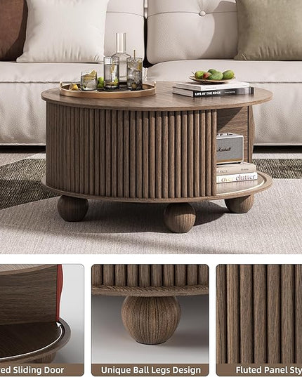 JOINICE Round Coffee Table with Storage, 31.5" Walnut Fluted Drum Center Table, Mid Century Modern Wood Circle Table with Sliding Door & Bun Feet for Living Room