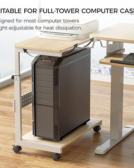 EUREKA ERGONOMIC PC Stand Computer Cart, Height Adjustable Tower Stand 2-Tier Suit for ATX Case Printer, Metal Rolling Cart on Wheels for Gaming Home Office, Maple