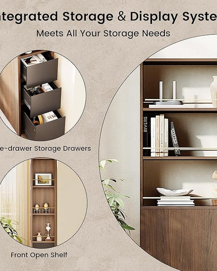 Bookcase with 3 Drawers and Storage Shelves, 71''Tall Corner Bookshelf with 3 Tier Open Double-Sided Design, Multi Functional Organizer, Wood Bookshelves for Home/Office, Black Walnut