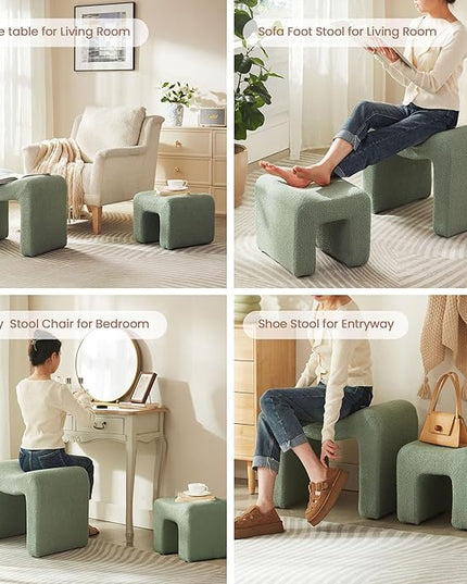 Ottoman Set of 2 Vanity Stool Chair Seating Backless Modern Foot Rest Teddy Velvet Small Footstool Ottoman for Makeup Room Living Room Bedroom Entryway,(2-in-1) Green