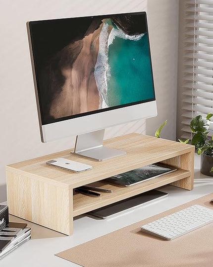 FITUEYES Monitor Stand - 2 Tier Computer Monitor Riser with 21.3 Inch Shelf, Wood Desktop Stand for Laptop Computer Screen, Desk Organization, Office Supplies