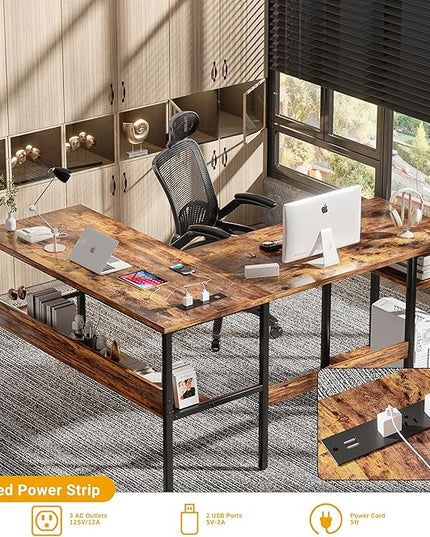 Unikito L Shaped Computer Desk with Magic Power Outlets and USB Charging Port, Sturdy Reversible Corner Desk with Storage Shelves, Modern Work Desk for Home Office, Easy to Assemble, Rustic Brown