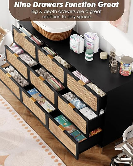Garvee Rattan Dresser with 9 Drawers, Tall Modern Closet with Deep Storage, Large Chest of Drawers with Wide Top, Long Wooden Dresser for Bedroom, Living Room, Hallway, Kids Room, Black