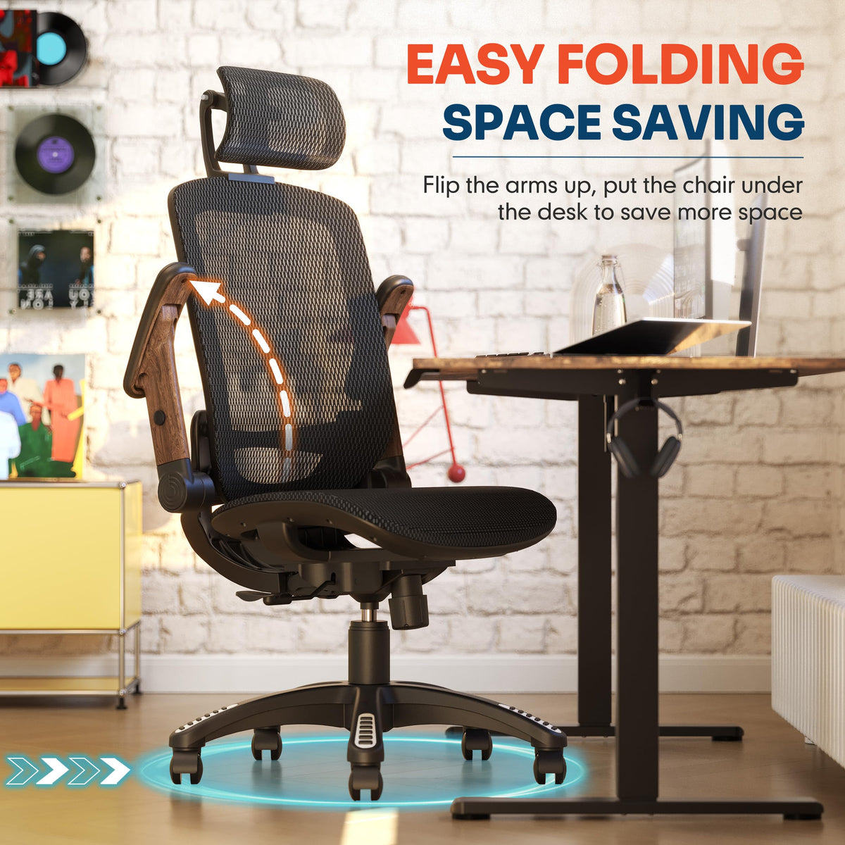 GABRYLLY Ergonomic Office Chair, High Back Home Desk Chair with 2D Flip-Up Arms, 3D Headrest, 90-120° Tilt and Wide Cushion, Big and Tall Mesh Chairs for Man Woman, Computer Task Chair Dark Wood Grain
