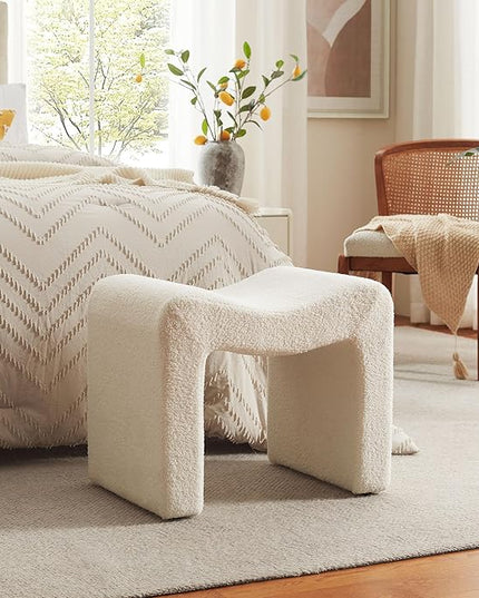 Small Footstool Ottoman Vanity Stool Chair Seating Backless Modern Foot Rest Teddy Velvet Ottoman for Makeup Room Living Room Bedroom Entryway,White (Single 1)
