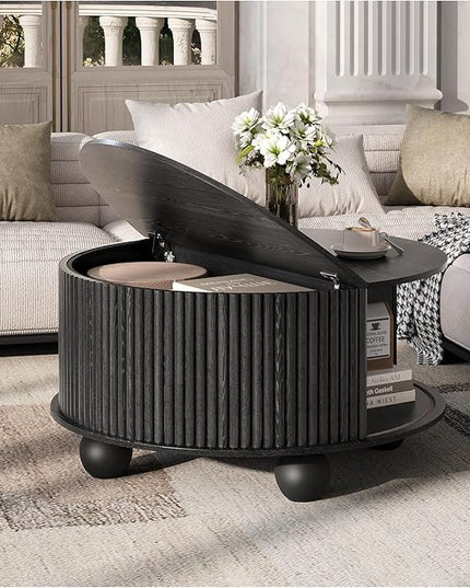 JOINICE Black Round Coffee Table with Storage, 31.5" Fluted Drum Center Table with Sliding Door, Modern Farmhouse Wood Circle Table with Bun Feet for Living Room