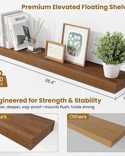 Fun Memories Floating Shelves for Room Wall, 36 Inch Long Shelf Set of 2， Hanging Wood Shelves for Storage & Display, Walnut