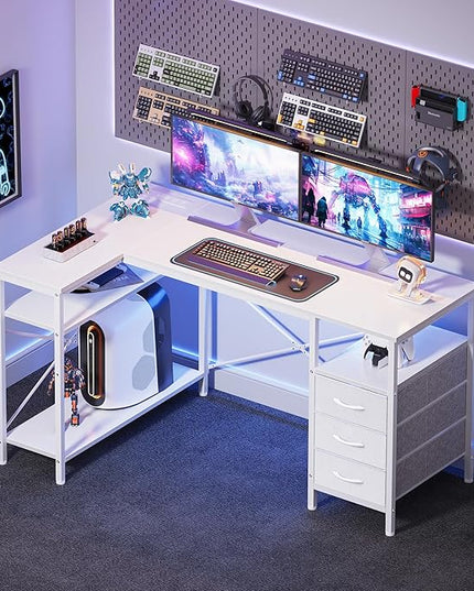 Huuger L Shaped Office Desk with Power Outlets, 47 Inch Computer Desk with 3 Drawers, Shelves, for Gaming, Corner Work, Home Office, Study, White