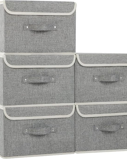 Fabric Storage Bins Cube Organizers with Flip-Top Lid and Handles,Storage Boxes for Organizing Home,Office,and Closet,Grey,5 Pack 13 X 9.1 X 7.9 in