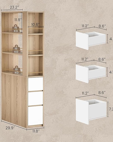 Bookcase with 3 Drawers and Storage Shelves, 71''Tall Corner Bookshelf with 3 Tier Open Double-Sided Design, Multi Functional Organizer, Wood Bookshelves for Home/Office, Light Walnut