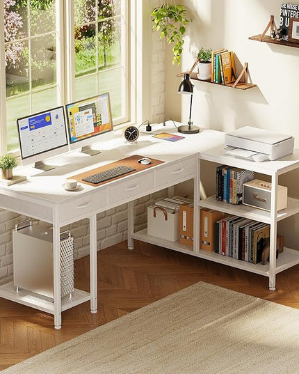 PRAISUN 55 Inch L Shaped Office Desk with Power Outlets and Type-C Port, Large Computer Gaming Desk with 3 Fabric Drawers, Mesh Shelves, Corner Study Work Writing Desk, White