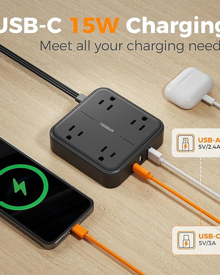 Surge Protector Flat Extension Cord 15FT, TESSAN Flat Plug Power Strip with 4 Outlets 3 USB C Ports (1 USB C), 900 Joules Protection, Multiple Wall Outlet Extender Suitable for Home Office Dorm, Black