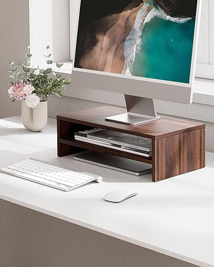 FITUEYES Monitor Stand - 2 Tier Computer Monitor Riser Shelf, Wood Desktop Stand for Laptop Computer Screen, Desk Organization, Office Supplies