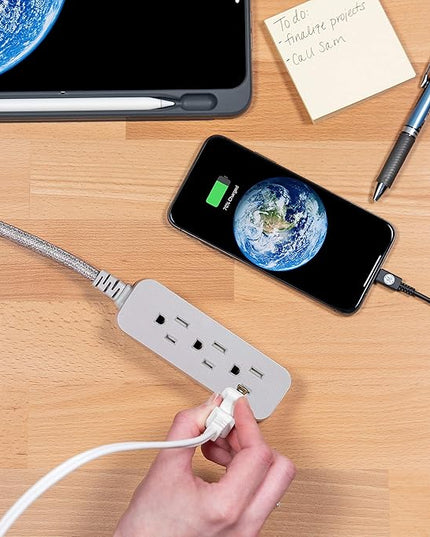 GE Pro 3 Outlet Surge Protector Power Strip, 8 Ft Designer Braided Extension Cord, Flat Plug, Wall Mount, Heather Gray, 45916