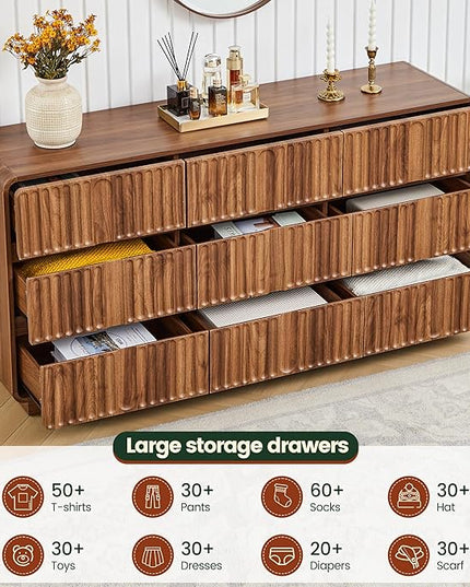 Fluted 9 Drawer Dresser for Bedroom, 60" Wide Modern Chest of Storage Drawers, Wood Dresser & Chest of Drawers with Curved Corners, Dressers TV Stand for Living Room (60" Walnut 9 Drawer)