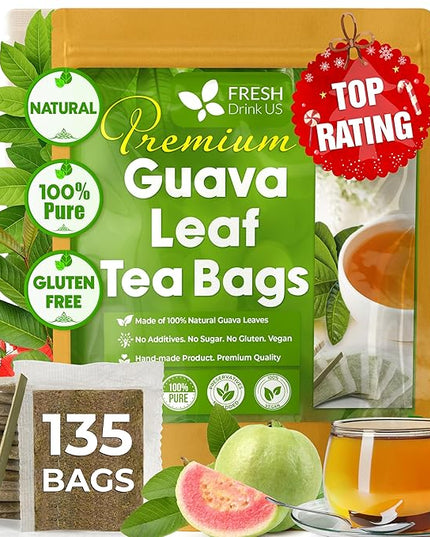 FreshDrinkUS, Premium 135 Guava Leaf Tea Bags, Handmade, From Great Origin, 100% Natural and Pure. Guava Tea, Loose Leaf Herbal Tea. No Sugar/Caffeine/Gluten, Vegan.