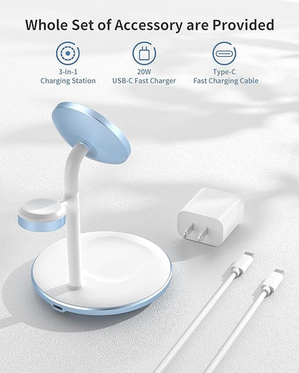 XooFly 3 in 1 Wireless Charging Station for Apple Devices, Fast Wireless Mag-Safe Charger Stand with 20W Adapter for iPhone 17/16 15 14 13 12 Pro Max/Pro/Plus/Air/Mini, iWatch, AirPods (Light Blue)