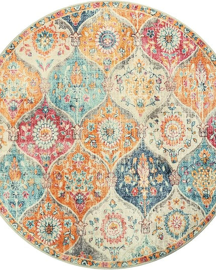 Lahome Moroccan Trellis Washable Round Rugs, Non-Slip Soft Round Rug 4ft Ultra-Thin, Small Vintage Circle Carpet for Entryway Kitchen Bedroom Nursery Bathroom, Cream/Multi