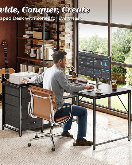 PRAISUN 43.3" Small Computer Desk with Power Outlets and USB-C Port, Reversible L Shaped Corner Office Desk with 4 Fabric Drawers and 2 Height-Adjustable Shelves, for Gaming Writing, Black