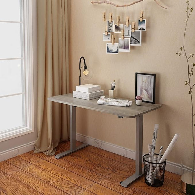 FLEXISPOT EN1 One-Piece Standing Desk 55 x 28 Inches Height Adjustable Electric Desk (Silver Frame + Grey Wood Grain Top, 2 Packages)