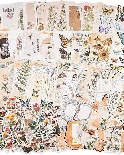 Knaid Vintage Scrapbook Supplies Pack (200 Pieces) for Junk Journal Bullet Journals Planners Botanical Paper Stickers Craft Kits Aesthetic Cottagecore Collage Album (Nature)