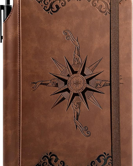 CAGIE Compass Leather Notebook Journal for Men, 100 GSM 288 Pages Lined Journals for Writing, A5 Hardcover Journaling Notebooks Gift Set with Pen for Travel Office Daily Writing