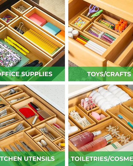 Grow Forward Bamboo Drawer Organizer Boxes - Set of 14 Wooden Drawer Organizers for Kitchen, Bathroom, Office, Desk, Vanity, Makeup - Non-Slip Junk Drawer Organizer Trays for Storage and Organization