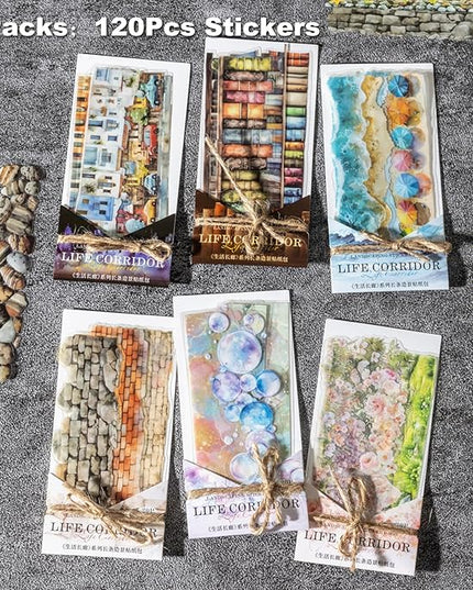 AuriicLeaf PET Scrapbook Stickers Set, 120PCS Journaling Supplies with 6 Themes Book Wall Ocean City Tree Bubble Decorative Stickers for DIY Crafts and Planners