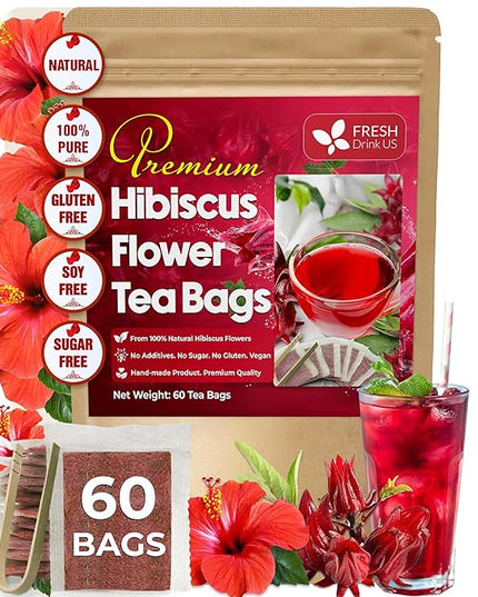 FreshDrinkUS, Premium 60 Hibiscus Flowers Tea Bags, 100% Natural & Pure, Loose Flower Herbal Tea. No Sugar, No Caffeine, No Gluten, Vegan. Great To Drink Hot Or Ice Tea