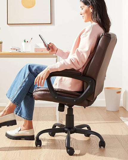 Amazon Basics Classic Puresoft PU Padded Mid-Back Height Adjustable Office Computer Desk Chair with Armrest, 25.75"D x 24.25"W x 42.25"H, Brown