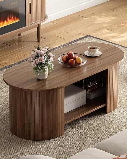 OneBlis Oval Fluted Coffee Table, 2-Tier Center Table with Large Storage, Mid-Century Modern Wood Coffees Table for Living Room, Home Office, Small Space, Walnut