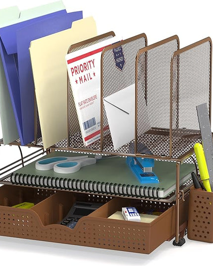 Simple Houseware Mesh Desk Organizer with Sliding Drawer, Double Tray and 5 Upright Sections, Copper