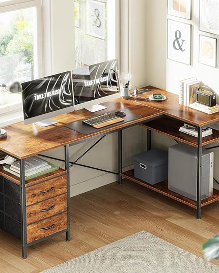 Huuger L Shaped Office Desk with Power Outlets, 55 Inch Computer Desk with 3 Drawers, Shelves, Reverisble for Gaming Corner Work Home Office Study, Rustic Brown